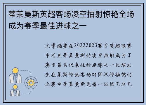蒂莱曼斯英超客场凌空抽射惊艳全场成为赛季最佳进球之一